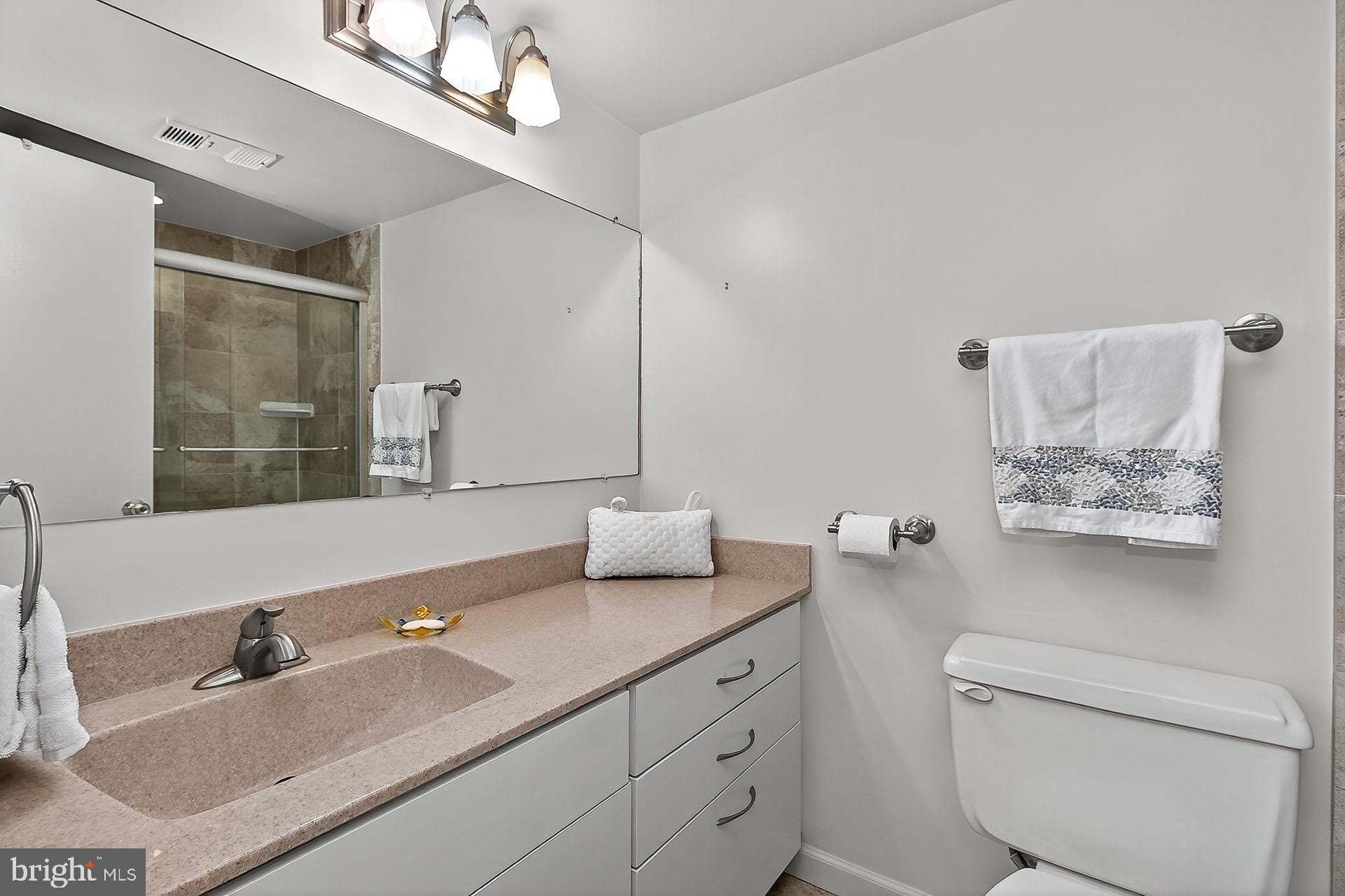 5920 Cove Landing Road, Unit 102 Burke, VA 22015 - Photo 14 of 45 a bathroom with a granite countertop sink a toilet and mirror