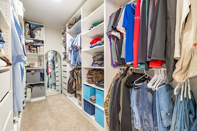 a view of a storage room with furniture