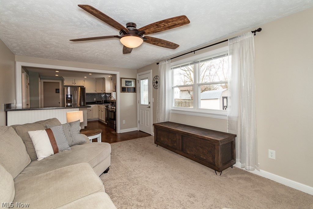 3080 Gale Road Willoughby, OH 44094 - Photo 17 of 45 Carpeted living room with ceiling fan, a textured ceiling, and sink