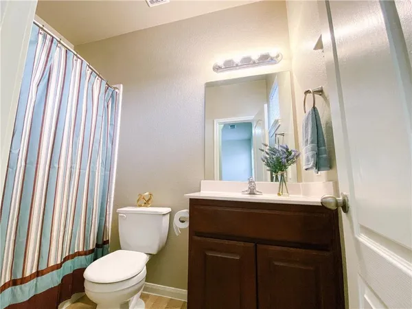 a bathroom with a sink a toilet a mirror and shower curtain