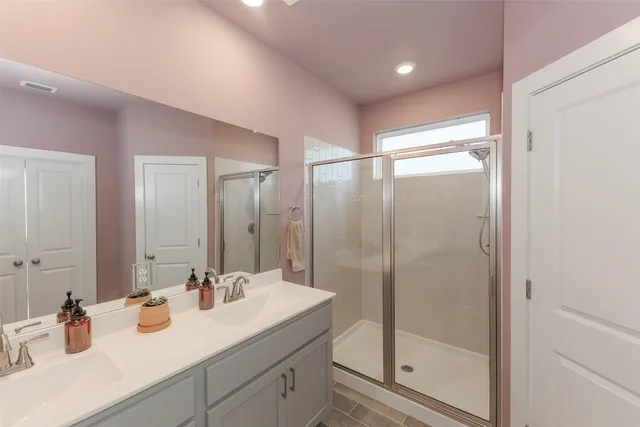 a bathroom with a shower sink vanity and mirror