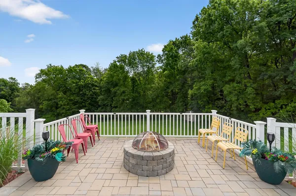 a garden view with a seating space