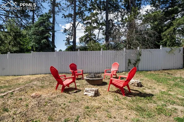 a backyard of a house with table and chairs