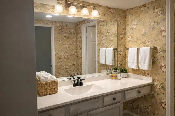 a bathroom with a sink and a mirror