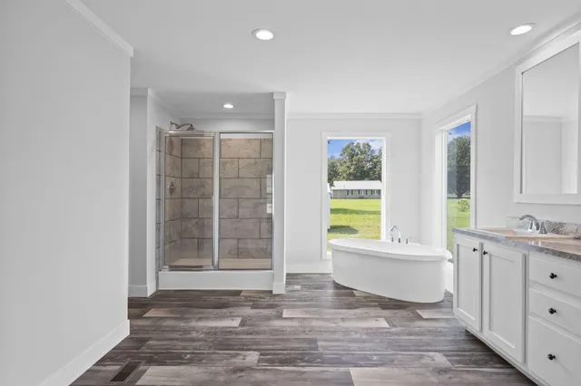 a bathroom with a bathtub sink vanity and windows