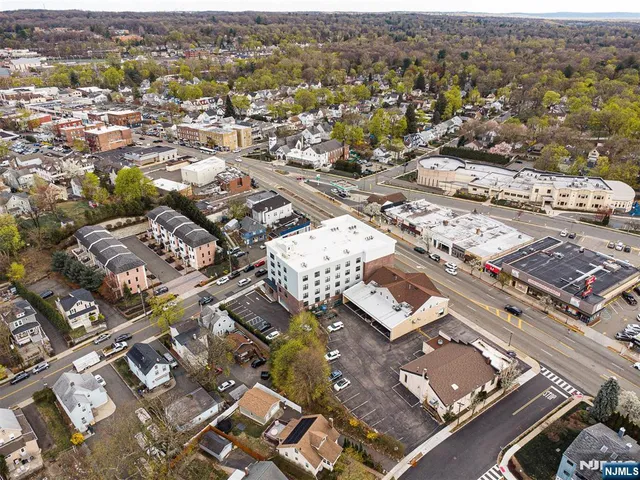 an aerial view of residential houses with city view