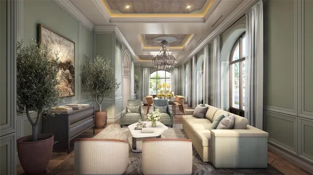 a dining room with furniture and a large window