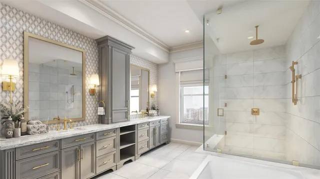 a bathroom with a double vanity sink mirror double and shower