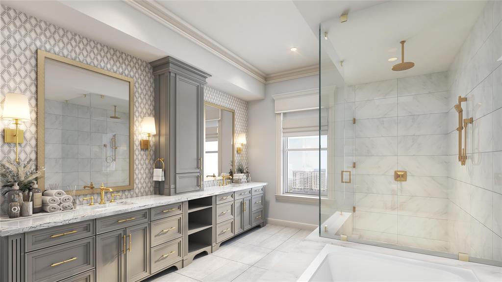 4900 McKinney Avenue, Unit 301 Dallas, TX 75205 - Photo 7 of 7 a bathroom with a double vanity sink mirror double and shower