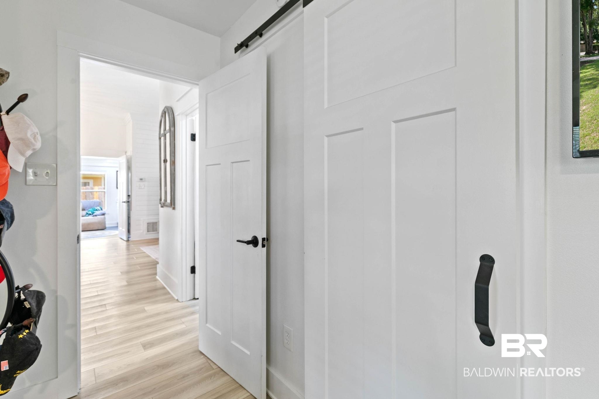 520 Juniper Place Drive Foley, AL 36535 - Photo 14 of 35 White panel doors, including a barn door with black hardware, complement the light wood-finish flooring