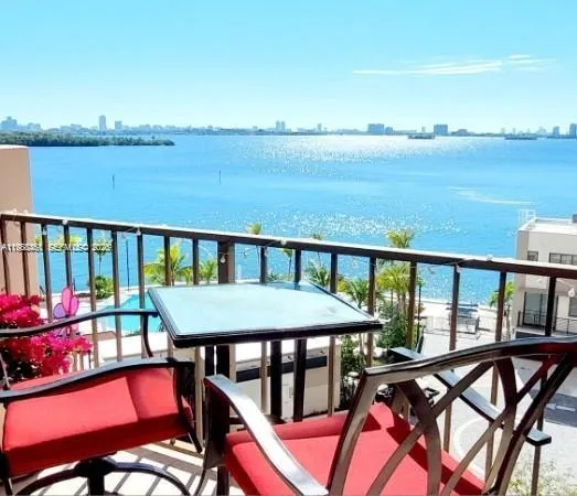 a view of a balcony with furniture