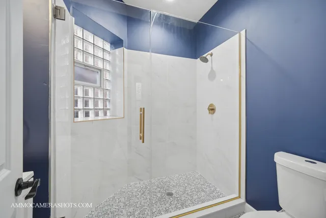 a bathroom with a shower and toilet