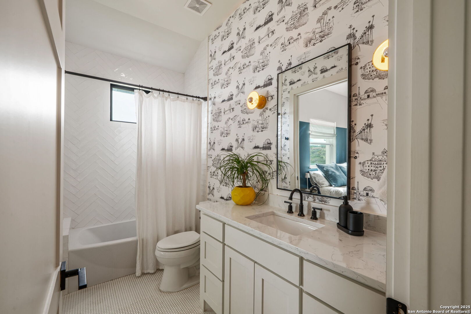 384 Blue Diamond Boerne, TX 78006 - Photo 30 of 51 a bathroom with a granite countertop sink a toilet and shower