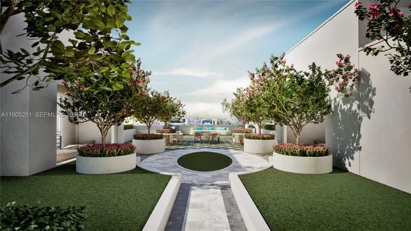 a swimming pool with outdoor seating and yard