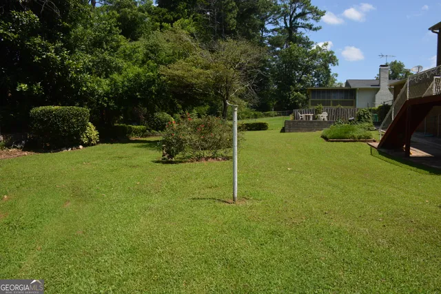 a view of a garden with a slide