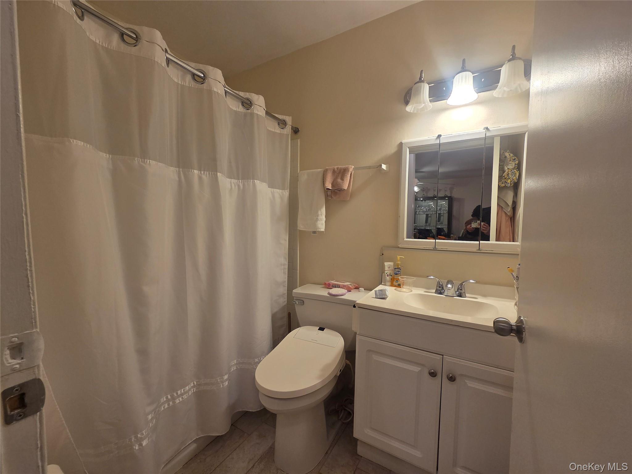 206-14 Emily Road, Unit 42L Queens, NY 11360 - Photo 7 of 9 a bathroom with a sink a toilet a mirror a lamp and vanity