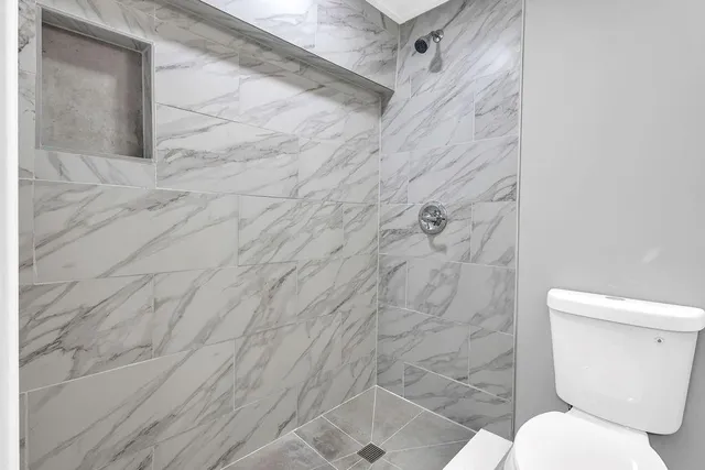 a bathroom with a toilet and a shower