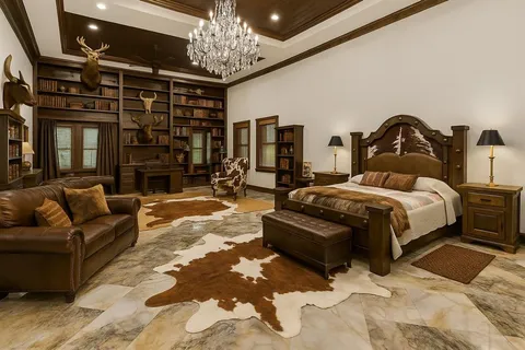 a bedroom with a bed couch and chandelier