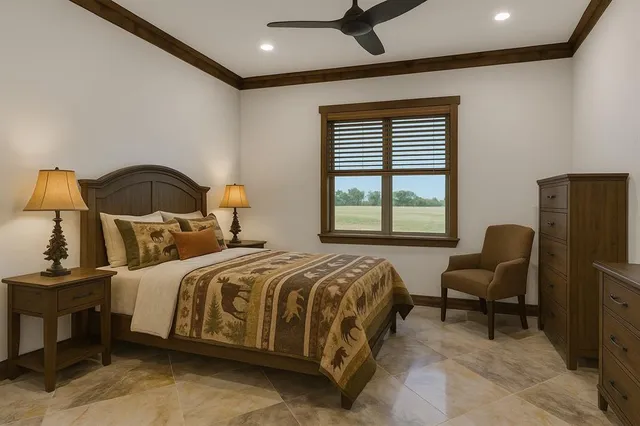 a bedroom with a bed chair and window