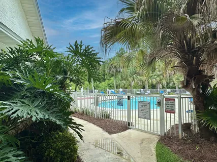 a view of a swimming pool with outdoor seating and plants