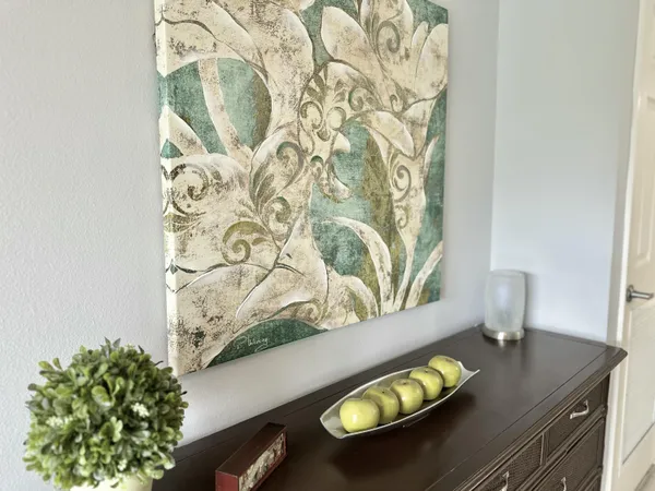 a view of a dining room with furniture