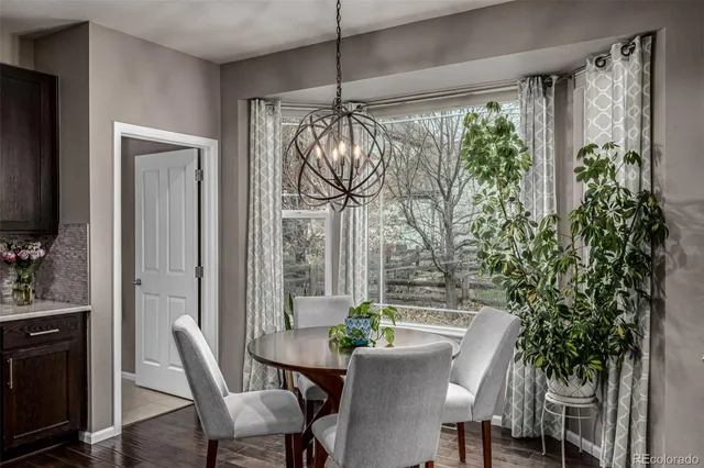 a view of a dining room with furniture window and outside view