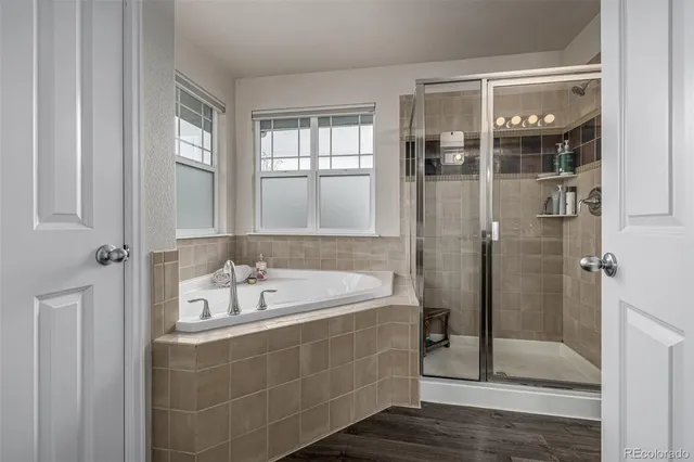 a bathroom with a tub shower and sink