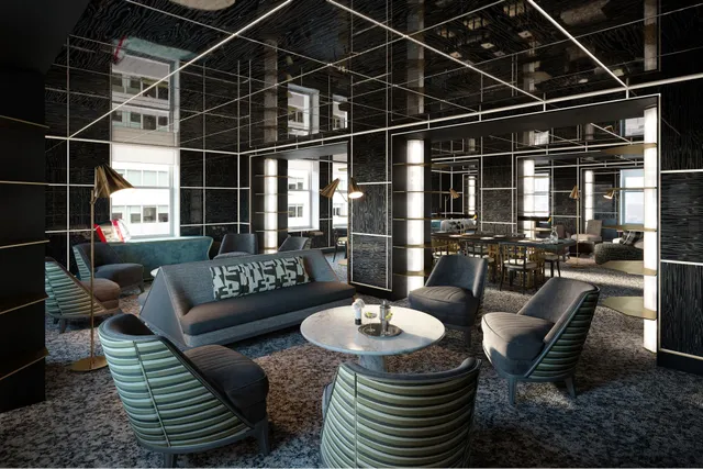 a view of balcony with furniture and a potted plant