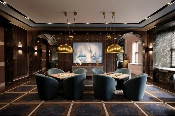 a view of a dining room with furniture