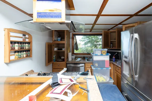 a work place with a couch and a table