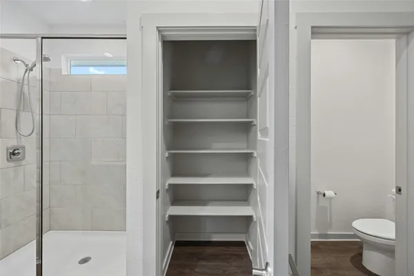 a bathroom with a shower and a toilet