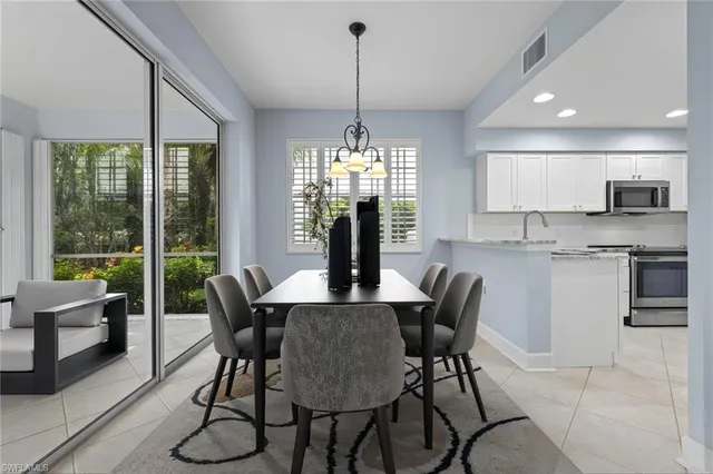 a view of a dining room with furniture window and outside view
