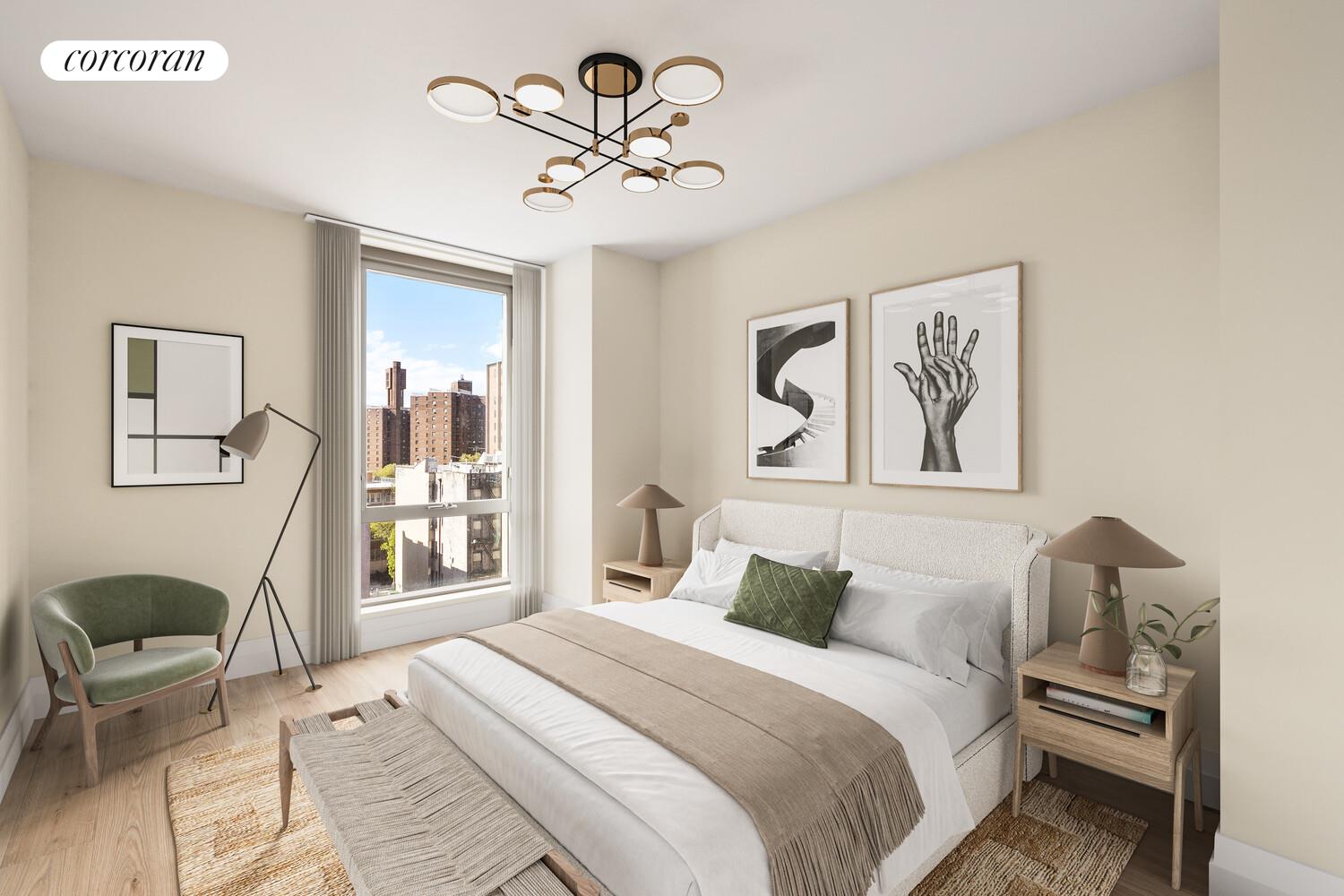 222 East Broadway, Unit 19A Manhattan, NY 10002 - Photo 3 of 4 a bedroom with a bed and a chandelier