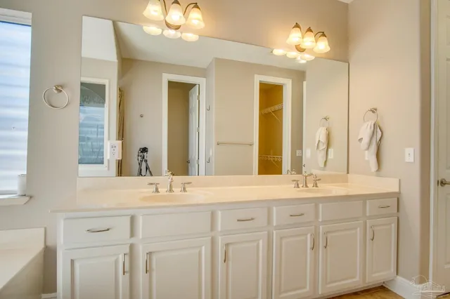 a bathroom with a sink vanity and a mirror