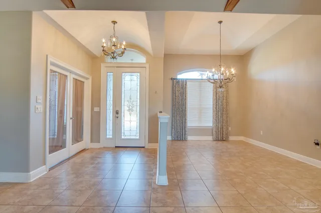 a view of a chandelier in a room