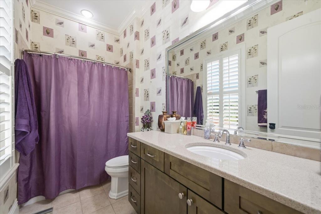 18258 Wayne Road Odessa, FL 33556 - Photo 60 of 100 a bathroom with a granite countertop sink toilet a mirror and shower curtain