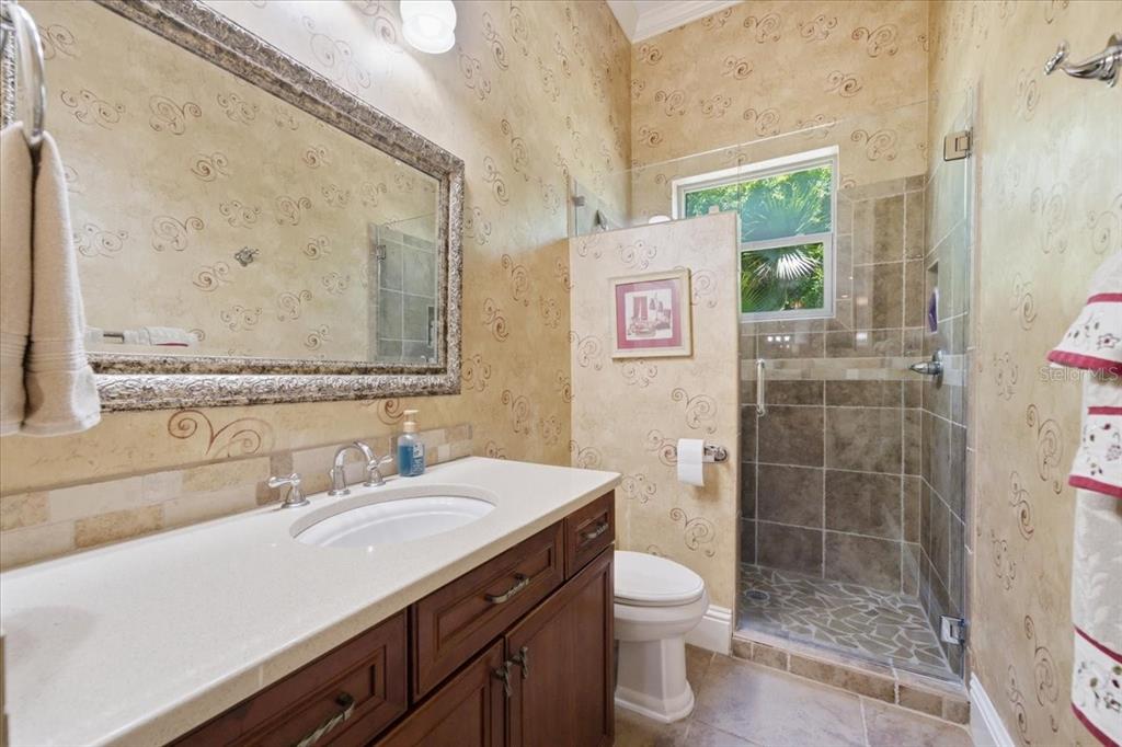 18258 Wayne Road Odessa, FL 33556 - Photo 64 of 100 a bathroom with a granite countertop sink toilet and shower