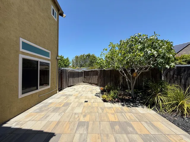 a view of backyard with potted plants and a fountain