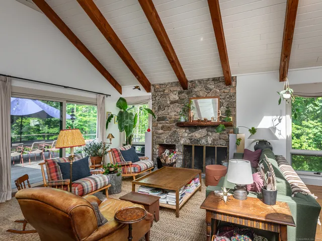a living room with patio furniture and a potted plant