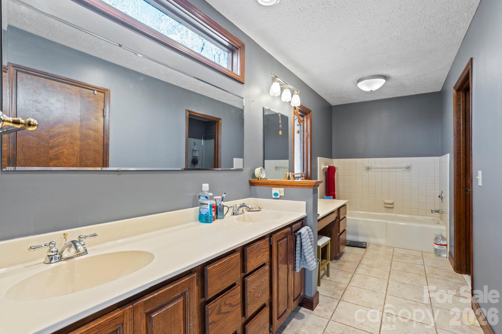 404 Browning Road Hendersonville, NC 28791 - Photo 18 of 46 a bathroom with a sink a large mirror and a bathtub