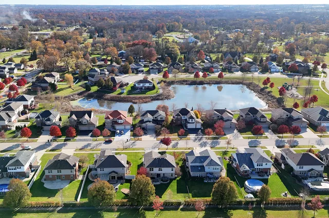 an aerial view of a and swimming pool
