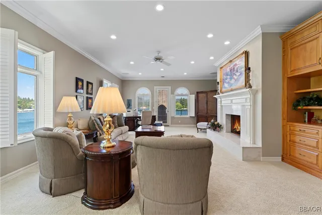 a living room with fireplace furniture and a fireplace