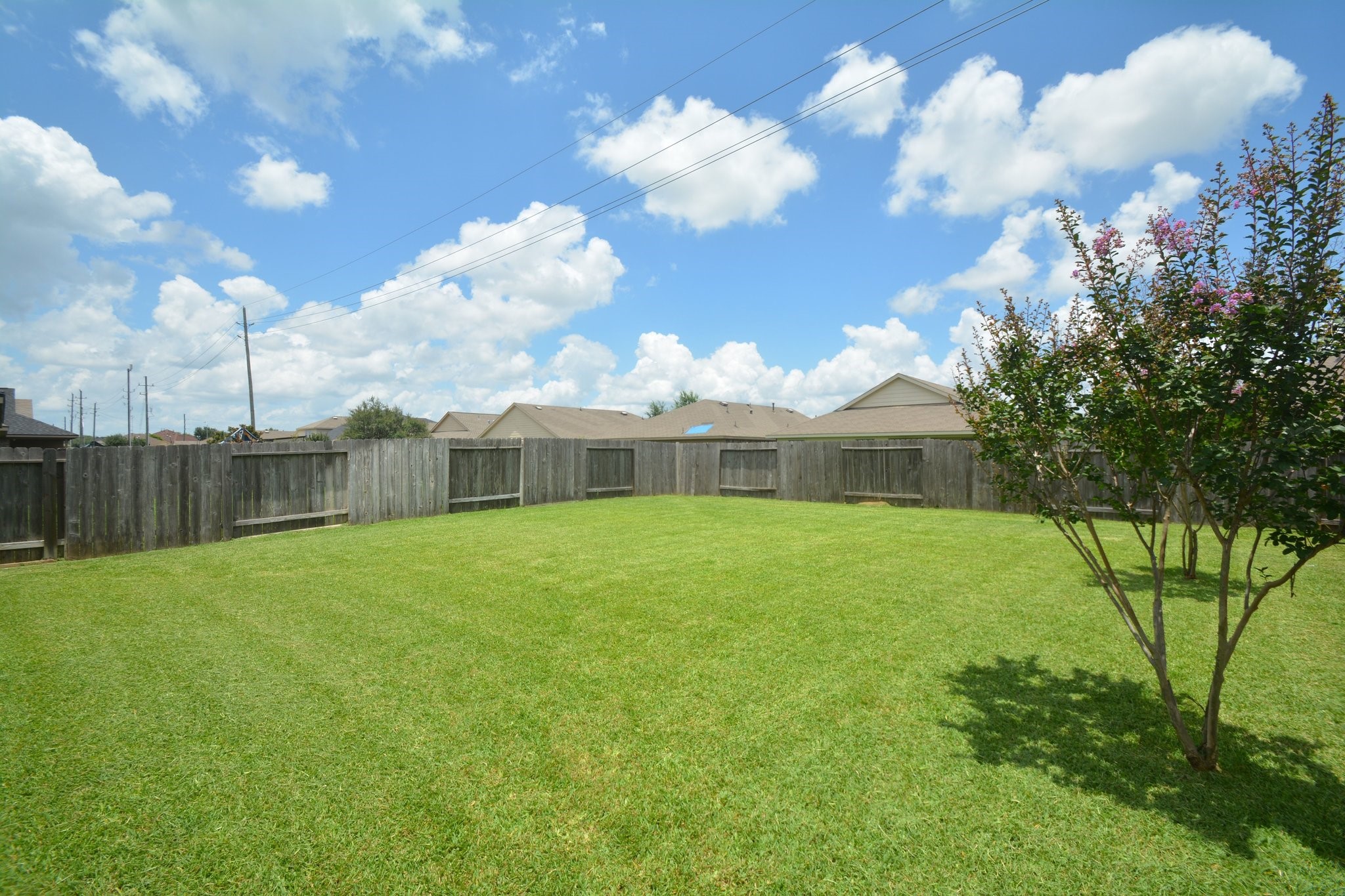 23318 Dukes Run Drive Spring, TX 77373 - Photo 39 of 41 Spacious backyard with a well-maintained lawn, surrounded by a wooden fence for privacy. Perfect for outdoor activities and relaxation under a clear, blue sky.