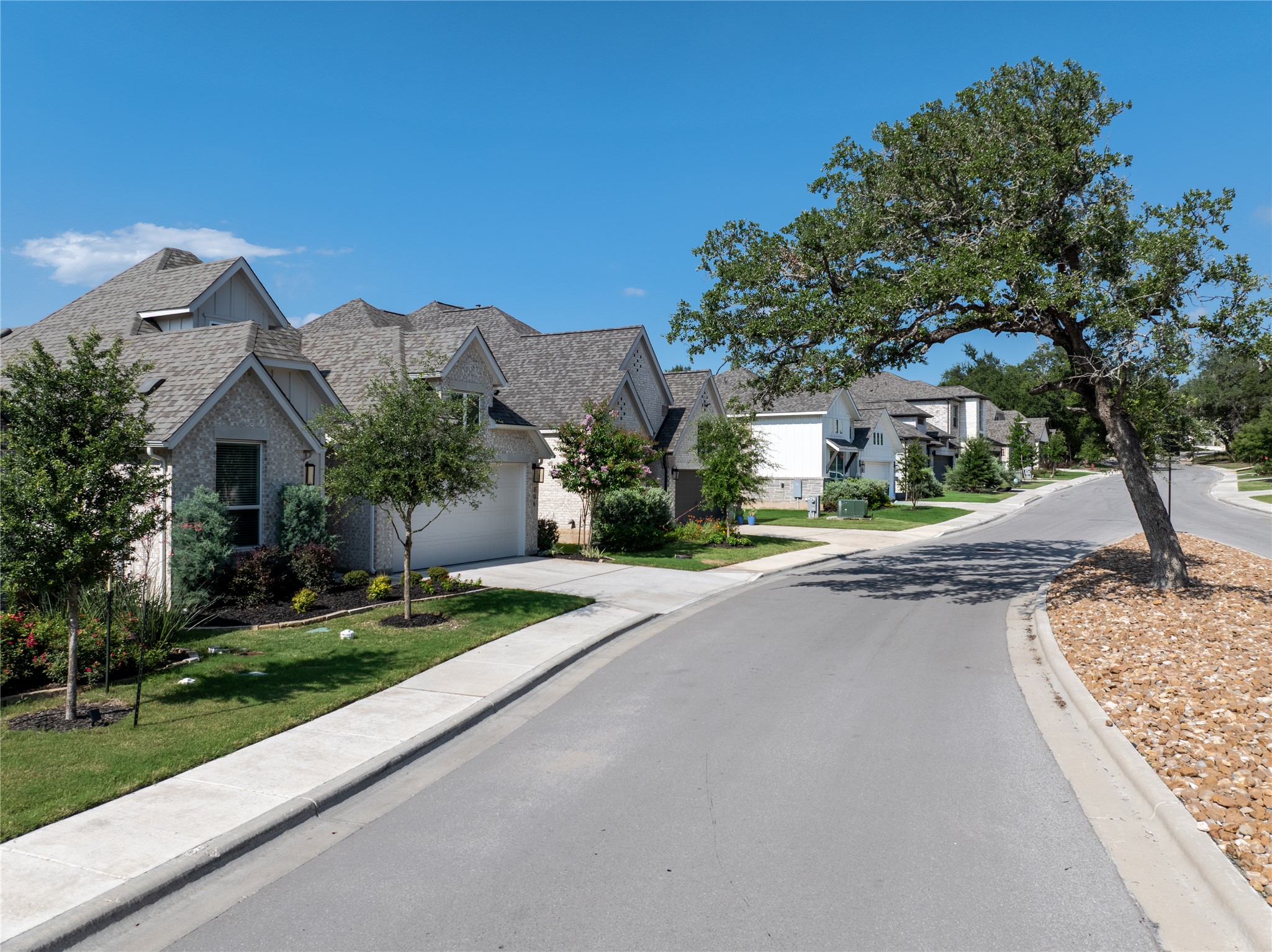 294 Kimble Creek Loop Kyle, TX 78640 - Photo 37 of 40 A tranquil neighborhood street winds through a community of elegant homes with well-maintained landscapes.