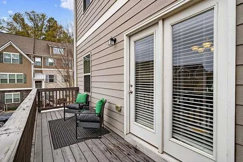 a porch with seating space