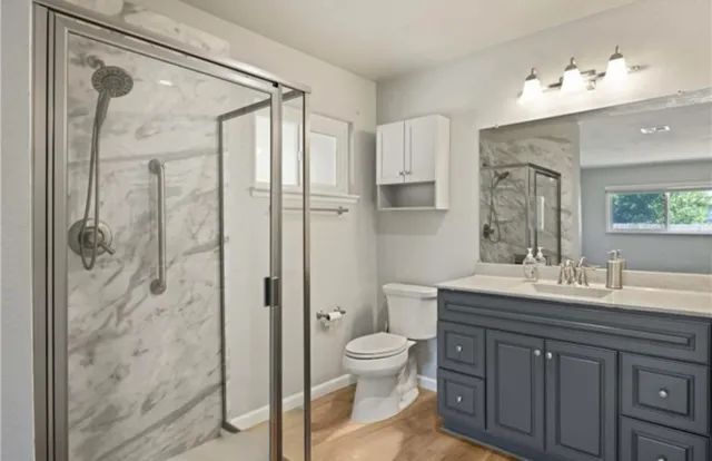 a bathroom with a double vanity sink toilet mirror and shower