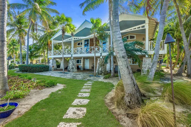 a view of a house with a yard and potted plants