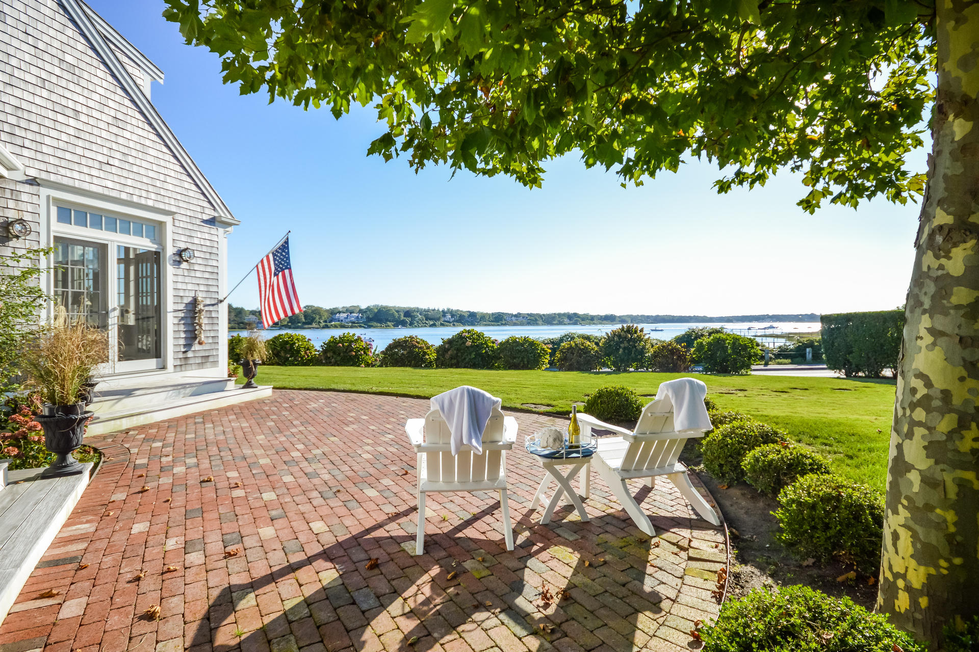 a view of a lake with a patio