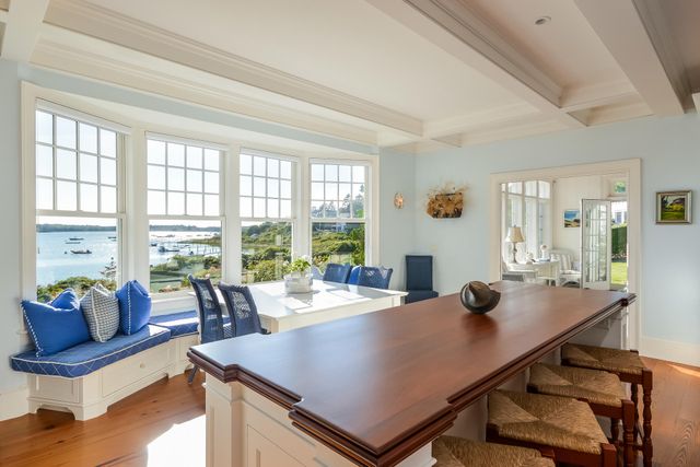 a view of a dining room with furniture window and outside view