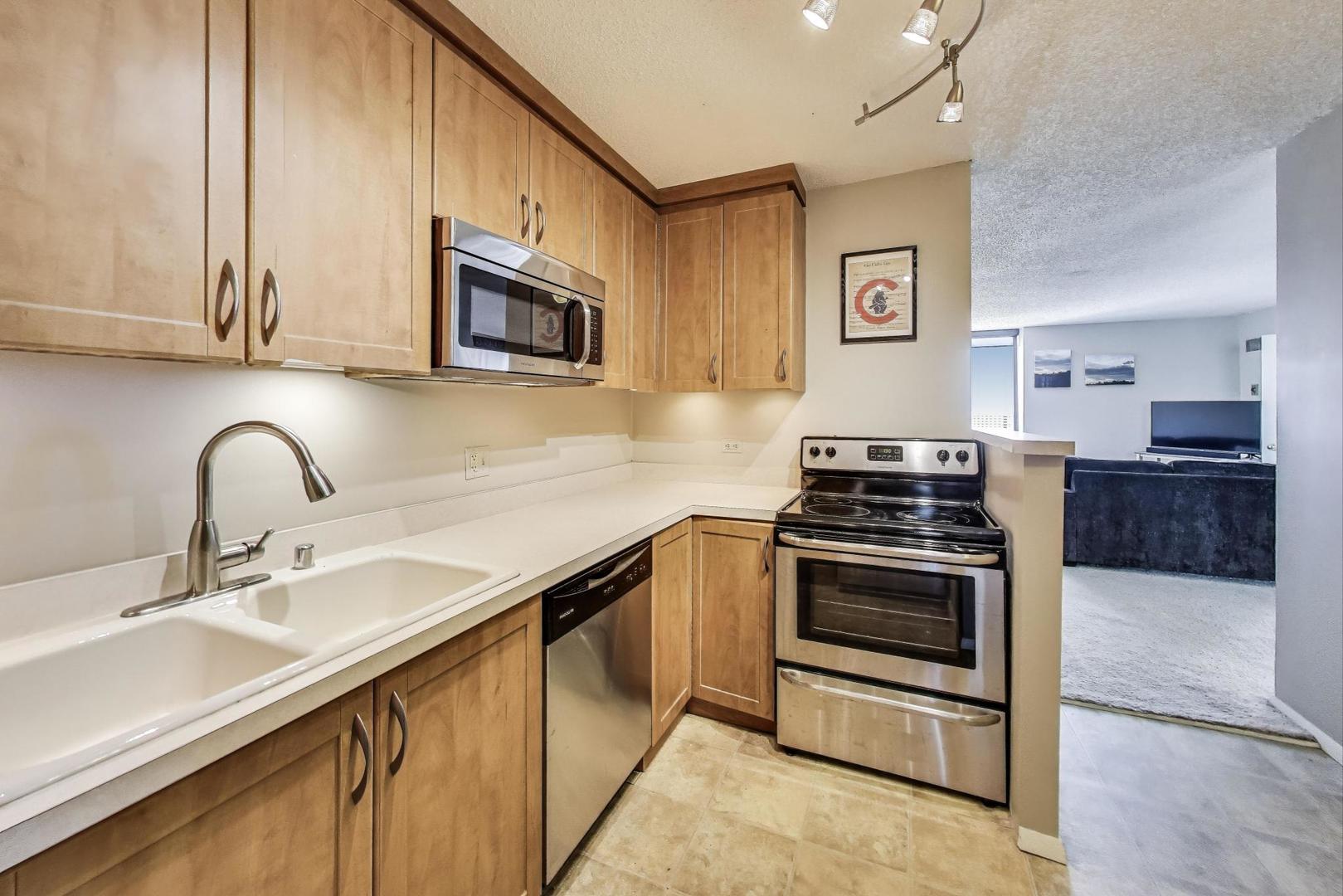 1122 North Clark Street, Unit 3304 Chicago, IL 60610 - Photo 6 of 32 a kitchen with stainless steel appliances granite countertop a stove a sink and a microwave
